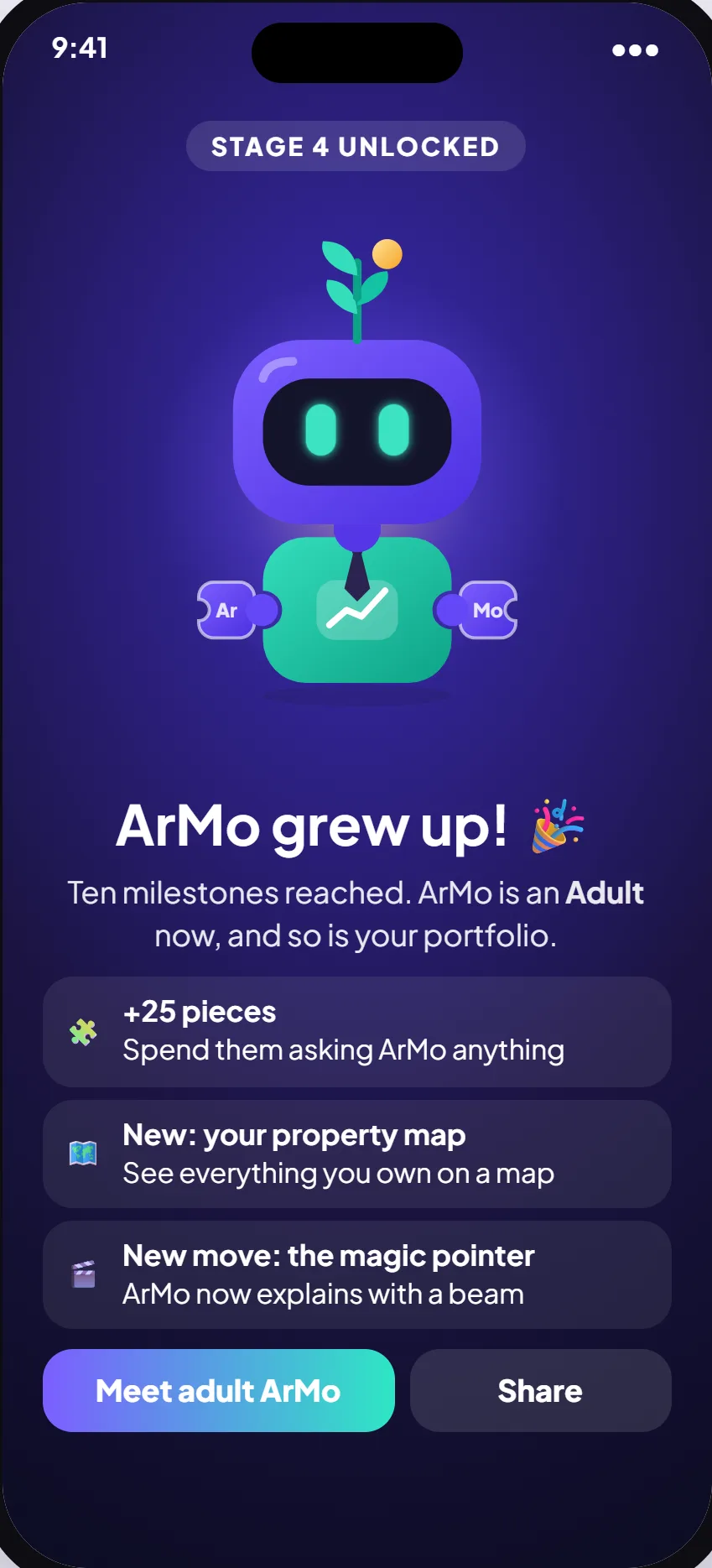ArMo grows up into an adult, with new rewards unlocked