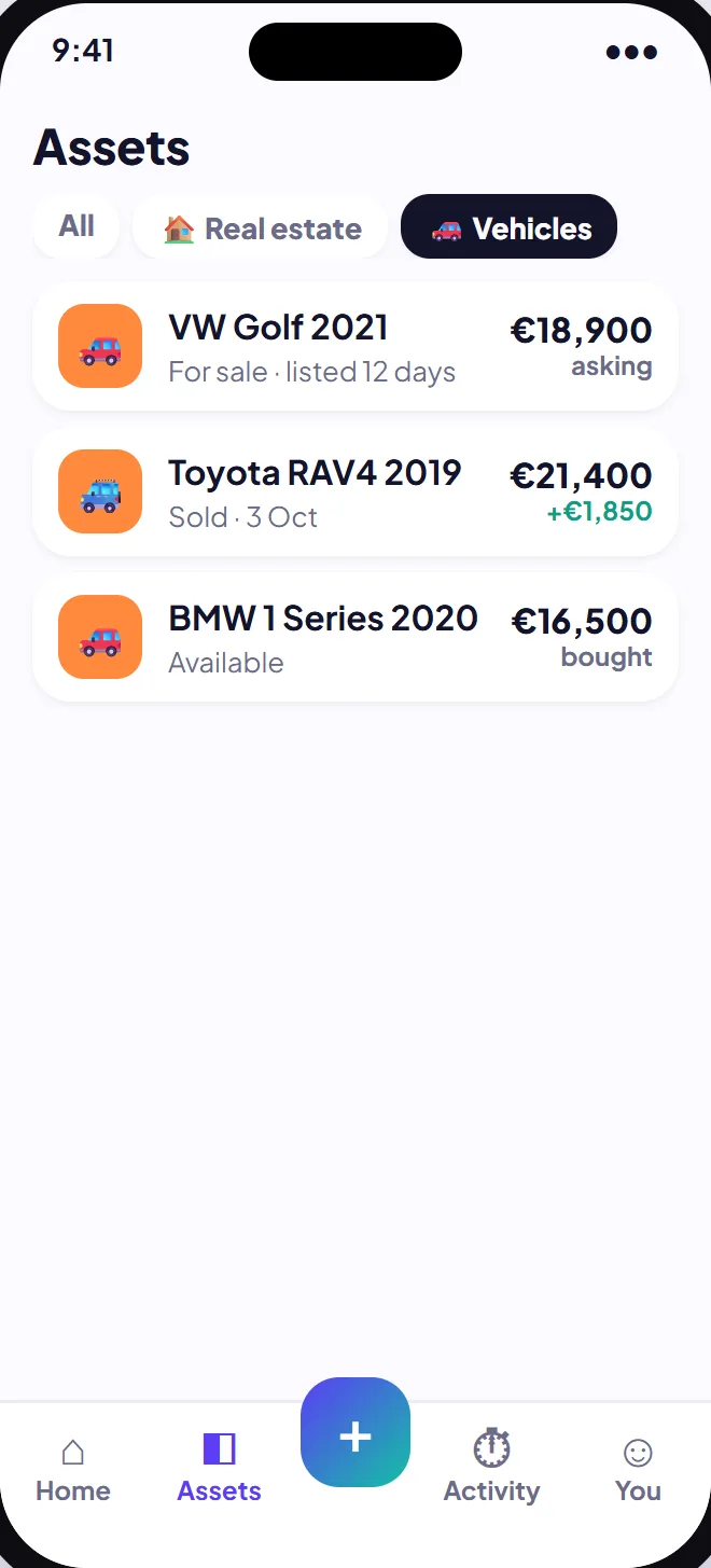 Assets list showing cars in the Vehicles module