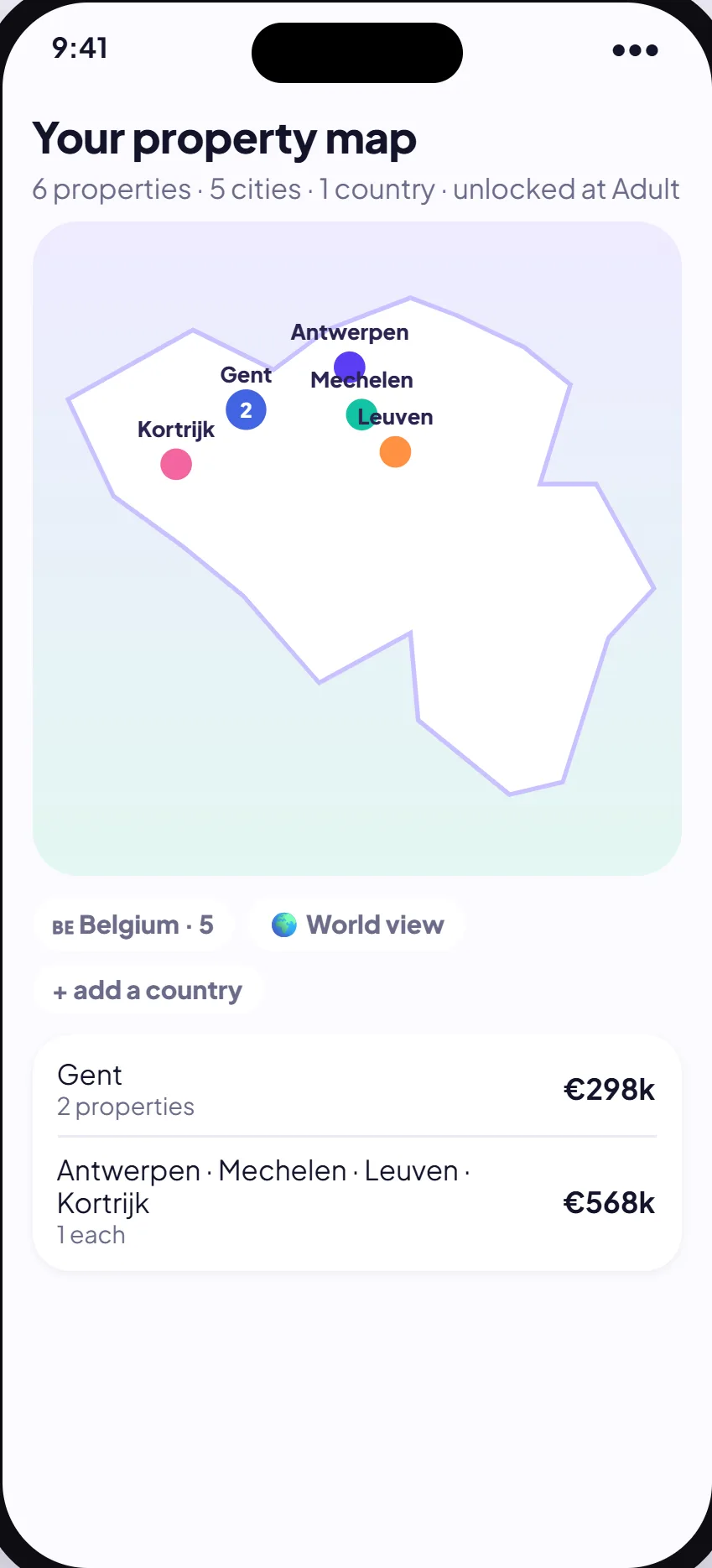 Map of the user's properties across Belgian cities